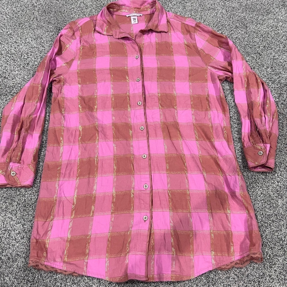 Victorias Secret Cotton Viscose Button Down Dress Women’s Large Pink W Gold Line